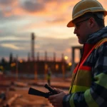 Experienced contractor reviewing blueprints on-site, demonstrating expertise in construction management and project oversight.