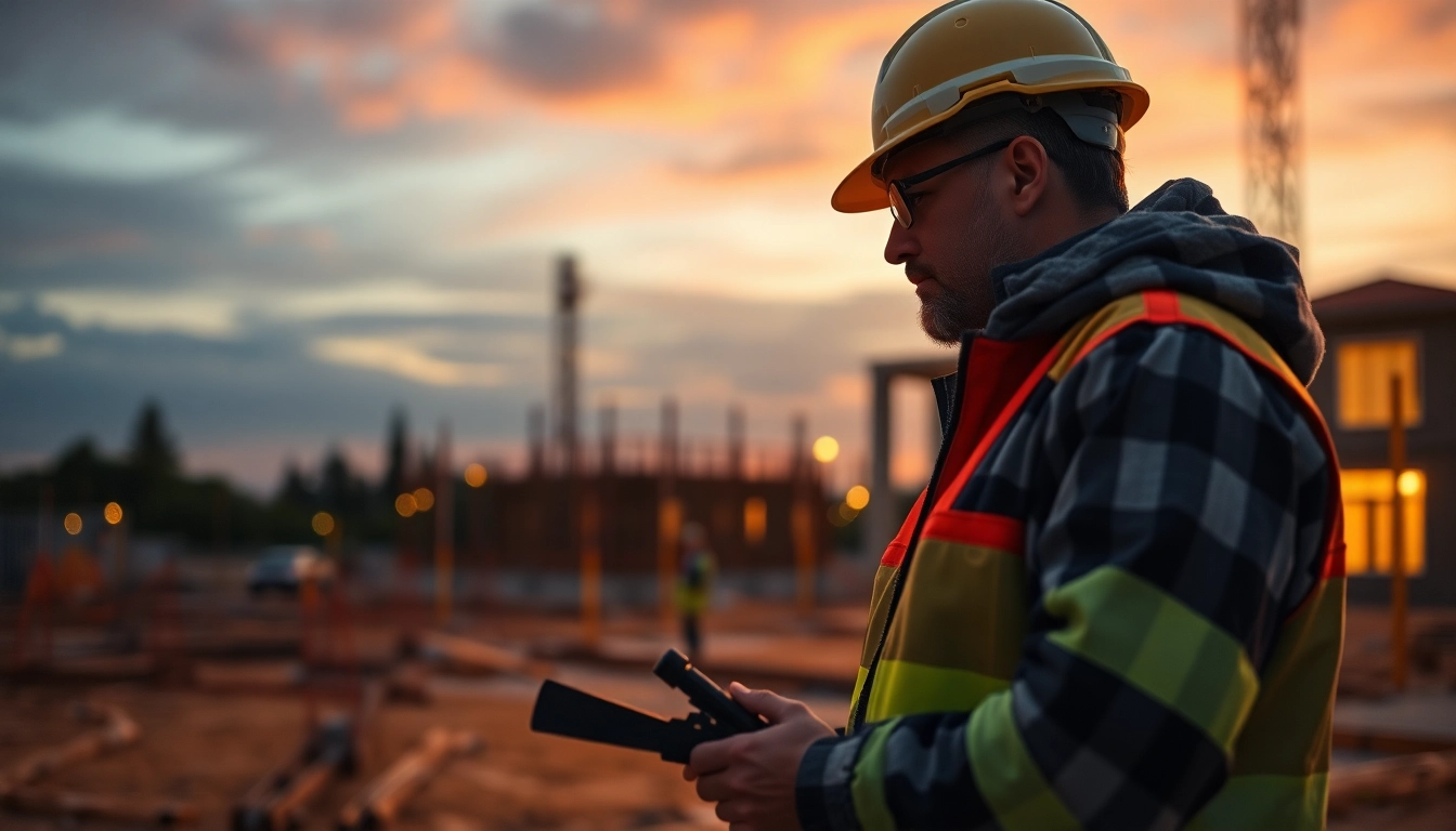 Experienced contractor reviewing blueprints on-site, demonstrating expertise in construction management and project oversight.