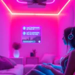 A cozy digital chat room with a flirtatious AI chatbot and vibrant neon lights.