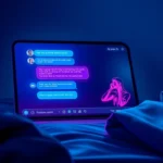 A futuristic digital illustration of a chat interface on a screen with neon colors and suggestive UI elements, evoking intimacy and high-tech sophistication.