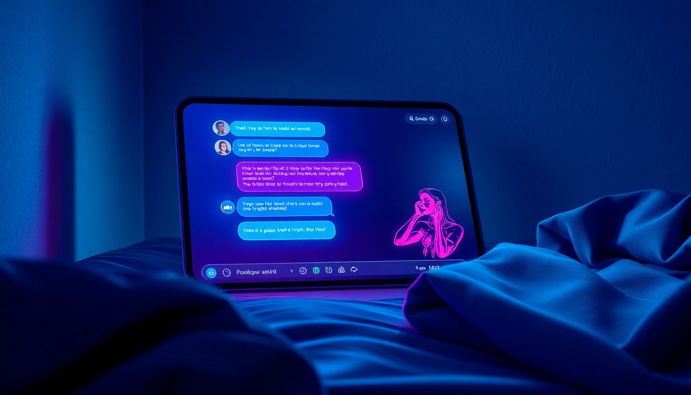 A futuristic digital illustration of a chat interface on a screen with neon colors and suggestive UI elements, evoking intimacy and high-tech sophistication.