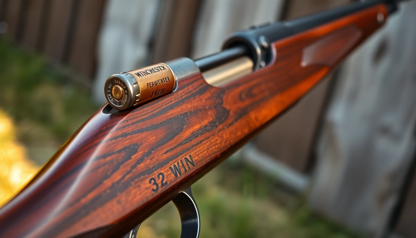 The 32WIN cartridge and Winchester rifle showcased in a detailed outdoor setting, highlighting accuracy and craftsmanship.