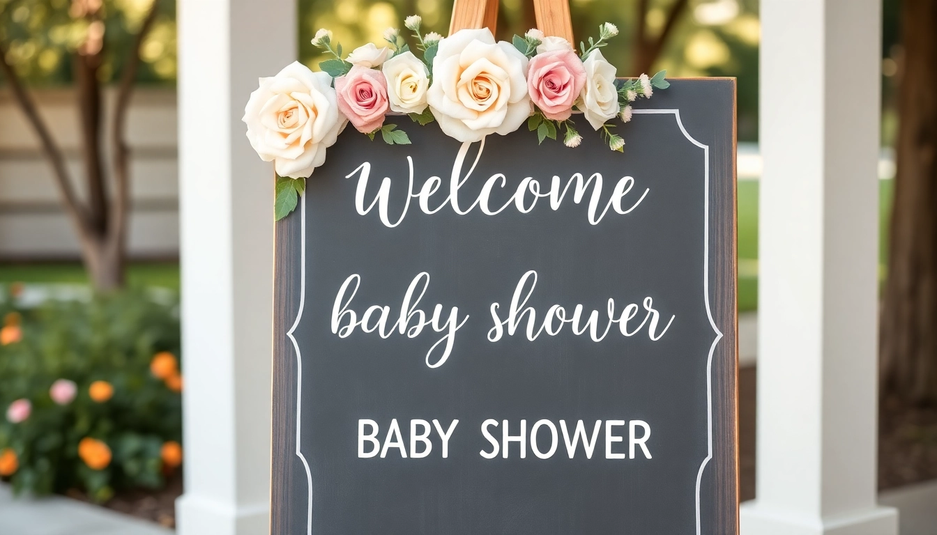 Bright baby shower welcome sign with floral designs and modern typography, perfect for inviting guests.