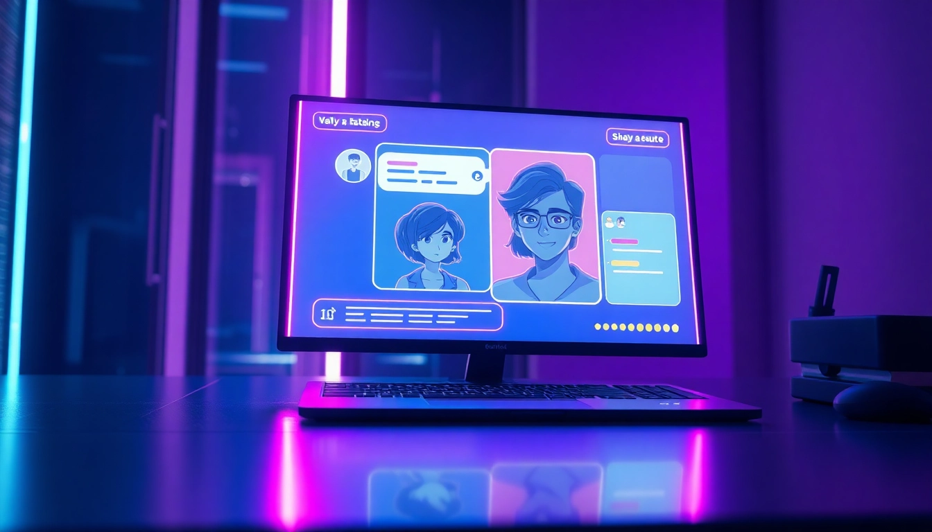 Futuristic AI chat interface with vibrant character visuals in a dimly lit modern setting.