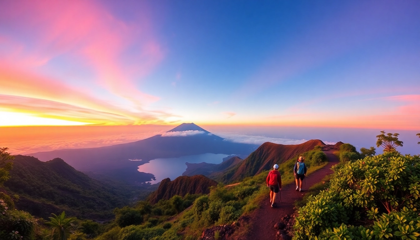 Sunrise view of Mount Rinjani with hikers on a trail, lush greenery, and crater lake in the distance.