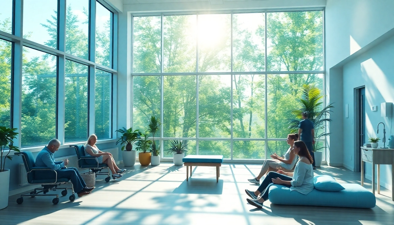 Rehabilitation center with lush outdoor surroundings fostering recovery and wellness, showing patients in a peaceful environment.