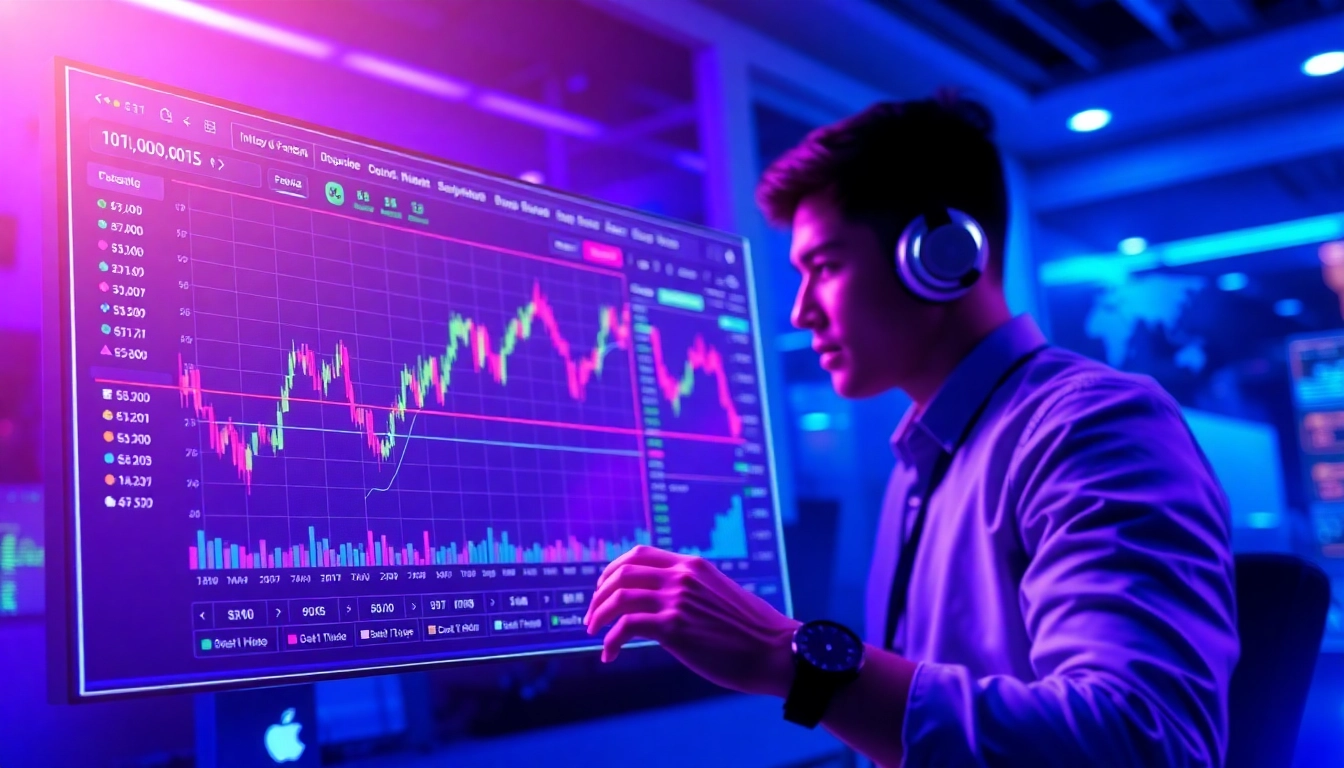 Crypto exchange platform with a high-tech interface showing live trading charts and digital