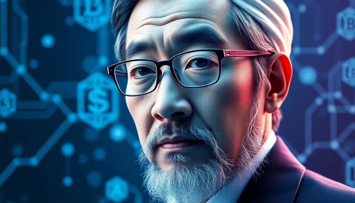 Satoshi Nakamoto depicted as a mysterious figure surrounded by blockchain and cryptography symbols, emphasizing his role in Bitcoin's creation.