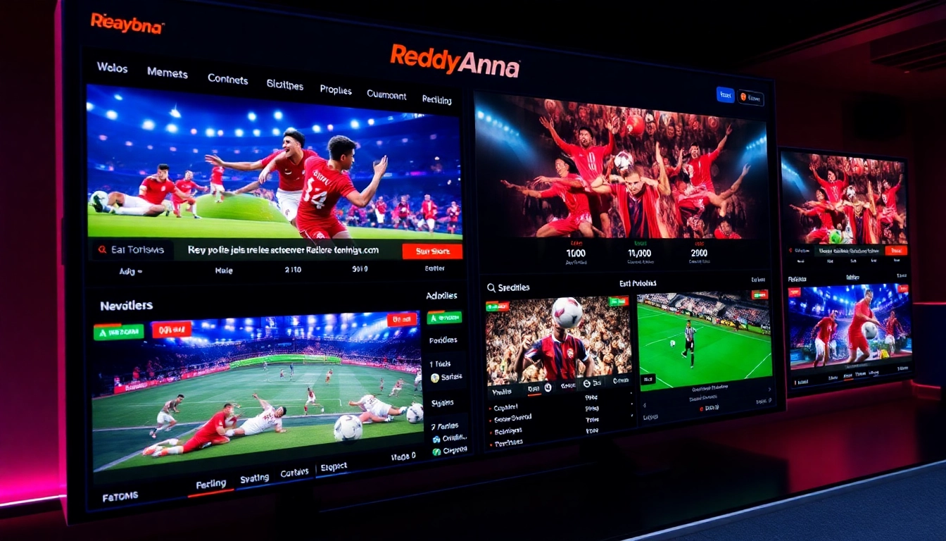 Reddy Anna logo on a dynamic sports betting dashboard showing live cricket and football action, emphasizing trust and security in online betting.