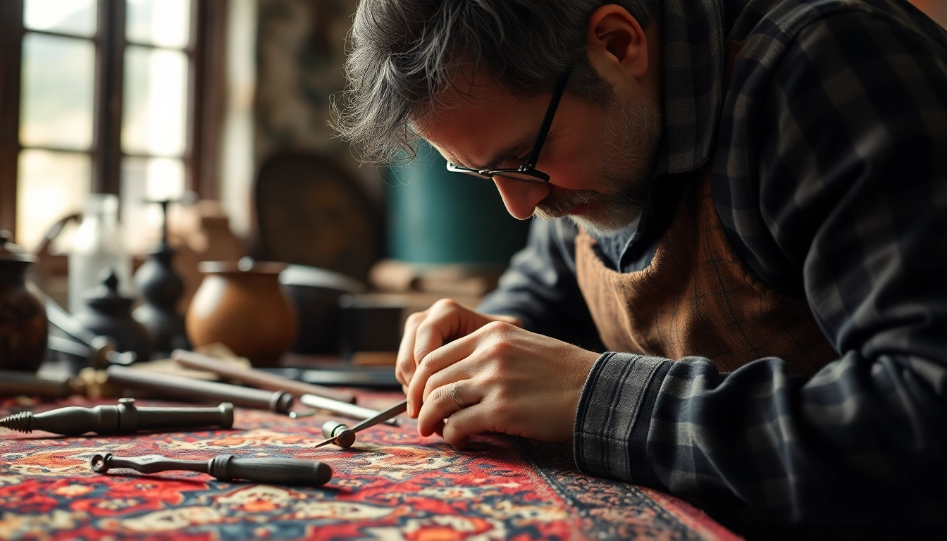 Professional Restauro Tappeti milano artisan meticulously repairing intricate Persian rug with